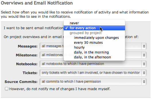 Personal email notification settings in an Unfuddle account